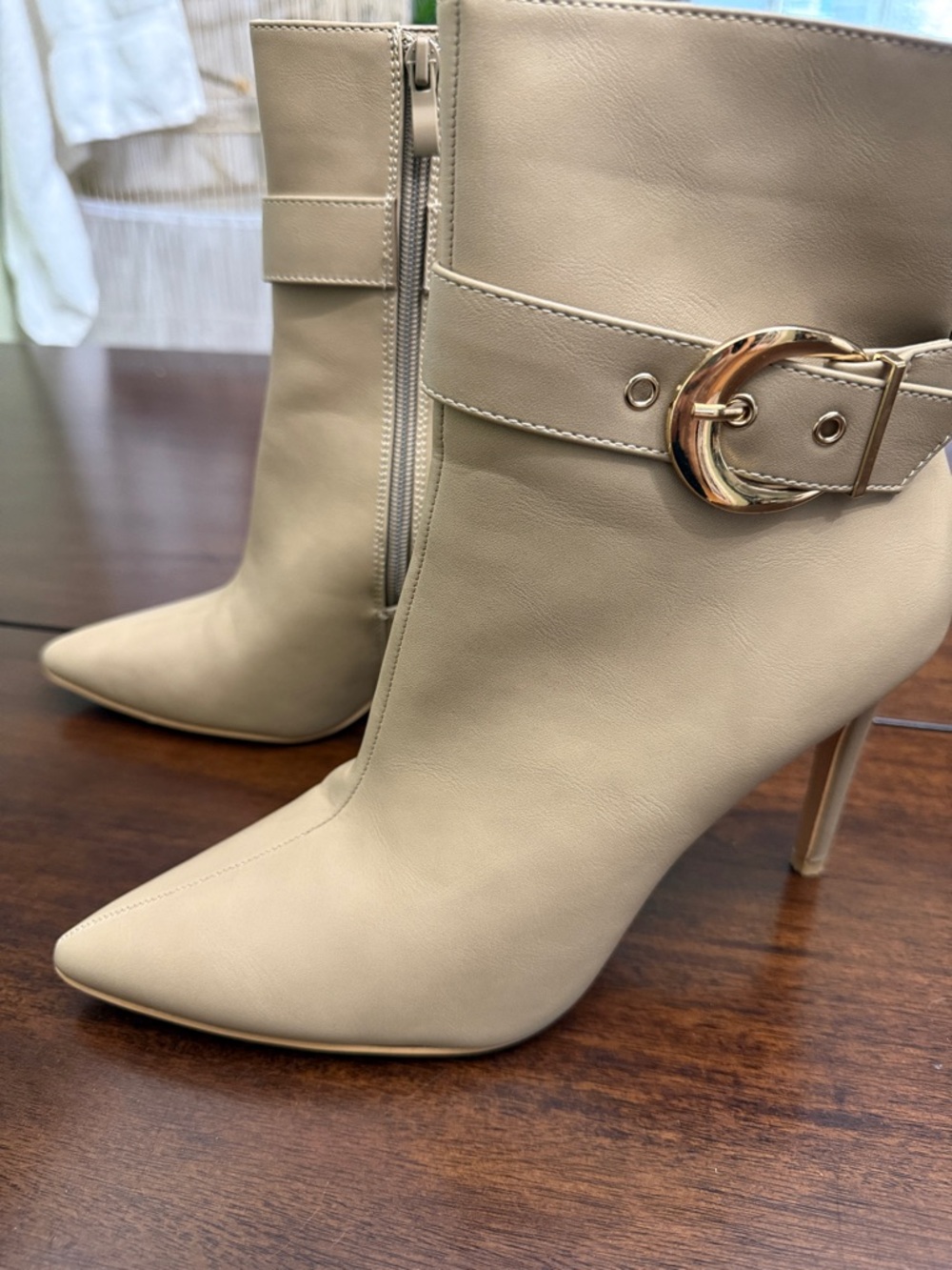 Women's Pointed-Toe Stiletto Ankle Boots with Gold Buckle - Beige
